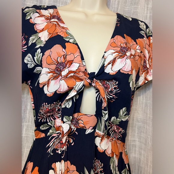 Lulus Navy Blue Floral Print Tie-Front Skater Dress - Picture 7 of 14